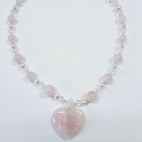 Lee Sands Silver Tone Pink Rose Quartz Heart Necklace 22" - Picture 2 of 5